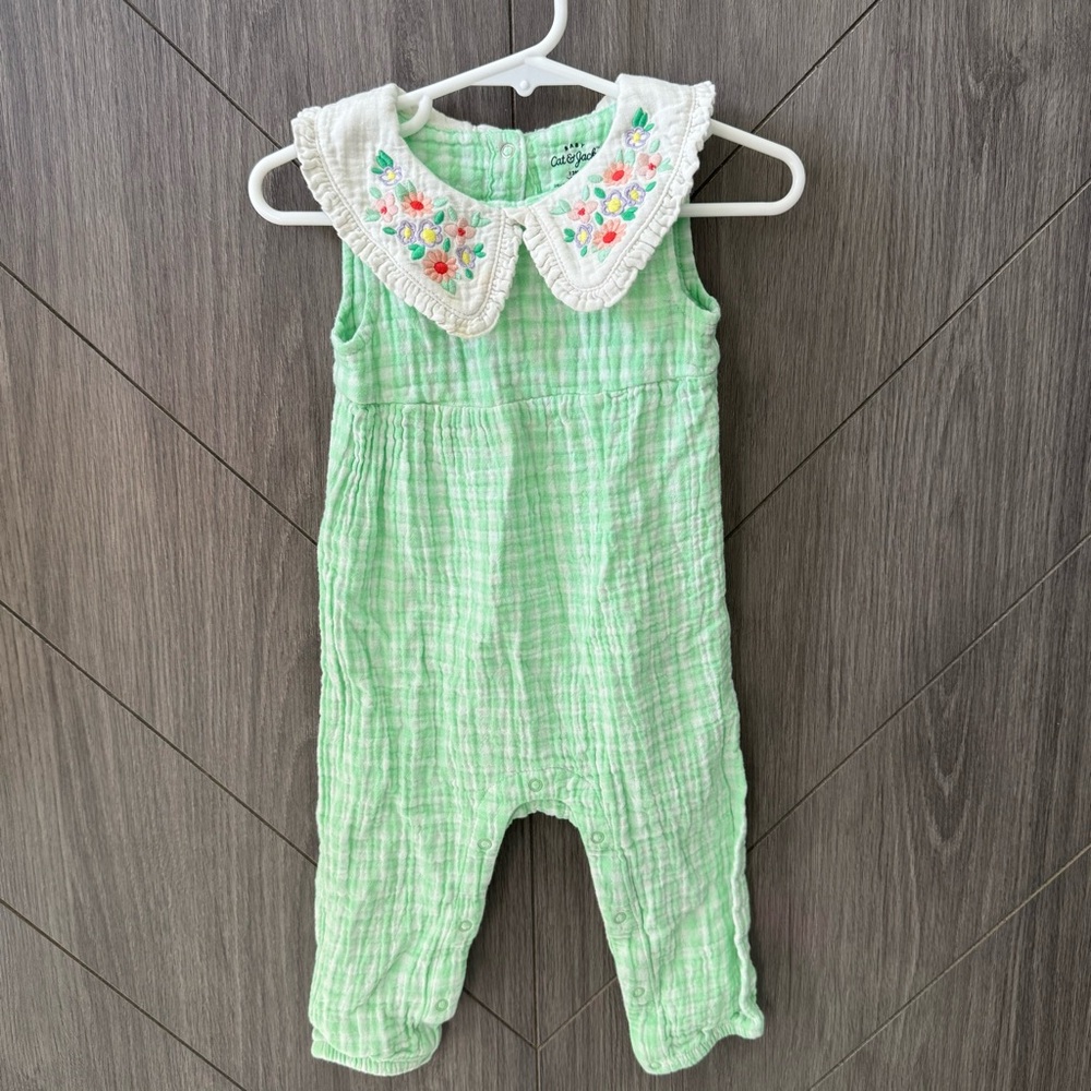 Cat & Jack Green Baby Romper with Floral Embroidered Collar